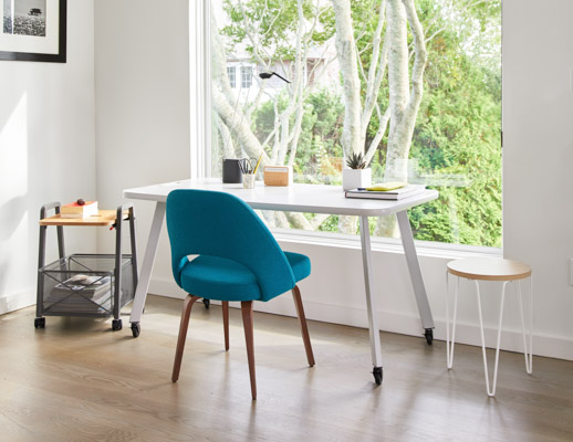 Rockwell Unscripted Easy Table with Mobile Storage Cart Saarinen Executive Side Chair Sparrow Desktop light home office florence knoll hairpin table