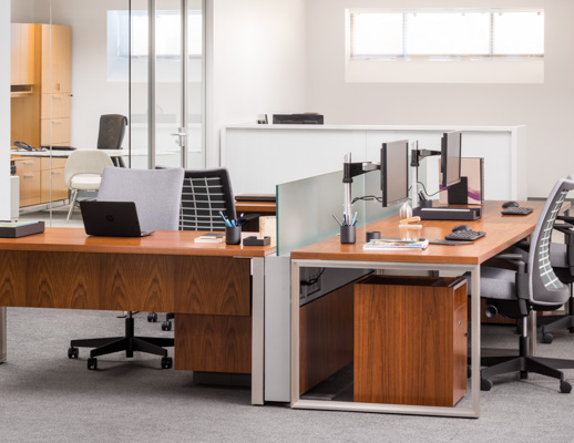 Knoll wood Reff Profiles open frame table with Antenna Fence and Remix work chairs