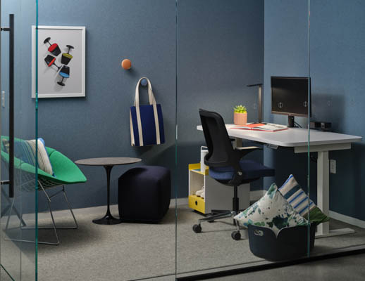 Design Days 2021 k. base height-adjustable table ollo knit-back chair quoin mobile cart muuto dots saarinen side table bertoia diamond chair muuto echo pouf muuto restore basket knoll at fulton market work from home