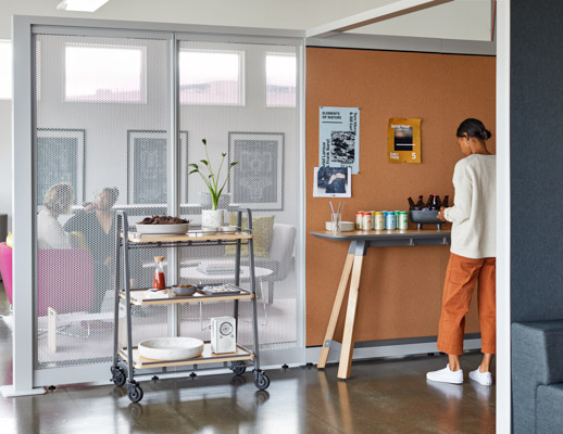 rockwell unscripted creative wall perforated steel fixed fins hospitality cart mobile storage cork tall table drink rail counter height lounge space semi enclosure portal