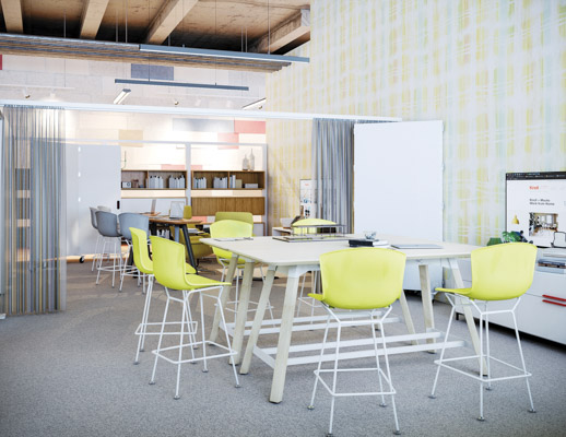 thriving workplace meeting space rockwell unscripted creative wall bertoia molded shell barstool rockwell unscripted tall table knoll works 2021