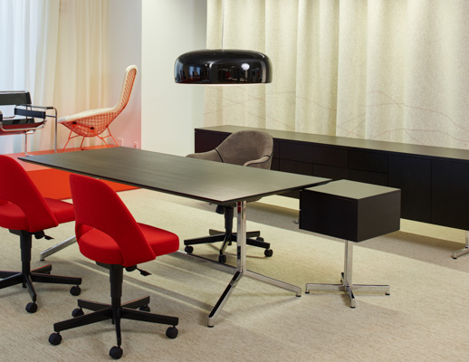 Marc Krusin Best of NeoCon 2015 showroom Pixel private office chrome side table credenza Saarinen Executive Armchair casters Saarinen Executive Armless Chair casters 