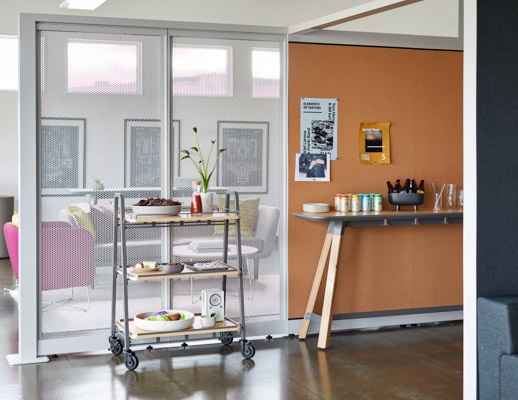 rockwell unscripted creative wall perforated steel fixed fins hospitality cart mobile storage cork tall table drink rail counter height lounge space semi enclosure portal